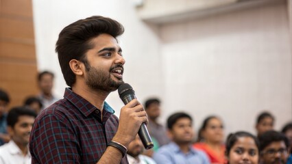 Young Indian speaker addressing classmates during campus seminar
