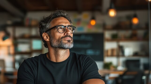 A contemplative businessman gazes thoughtfully in a modern workspace, embodying a sense of purpose and determination in a professional environment filled with creativity.