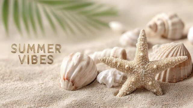 Summer vibes with starfish and seashells on a sandy beach with palm leaf