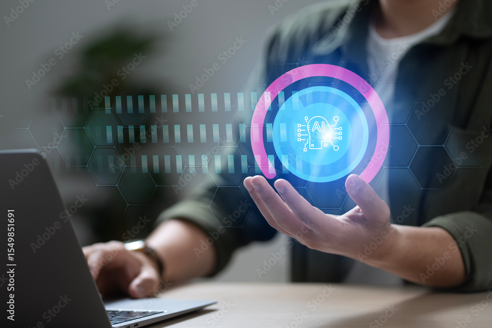 Fototapete digital ai chatbot, happy man using mobile smartphone with ai chatbot for online information at home