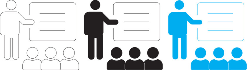 Lecture icon. A simplified representation of a speaker giving a presentation to a group of listeners, symbolizing education, seminars, and public speaking engagements. Vector illustration