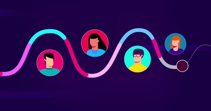 Four human heads animated with color sinusoid shape on violet. Men and women heads with gestures moves in color circles. Motion design video business explainer style info graphic moving illustration.