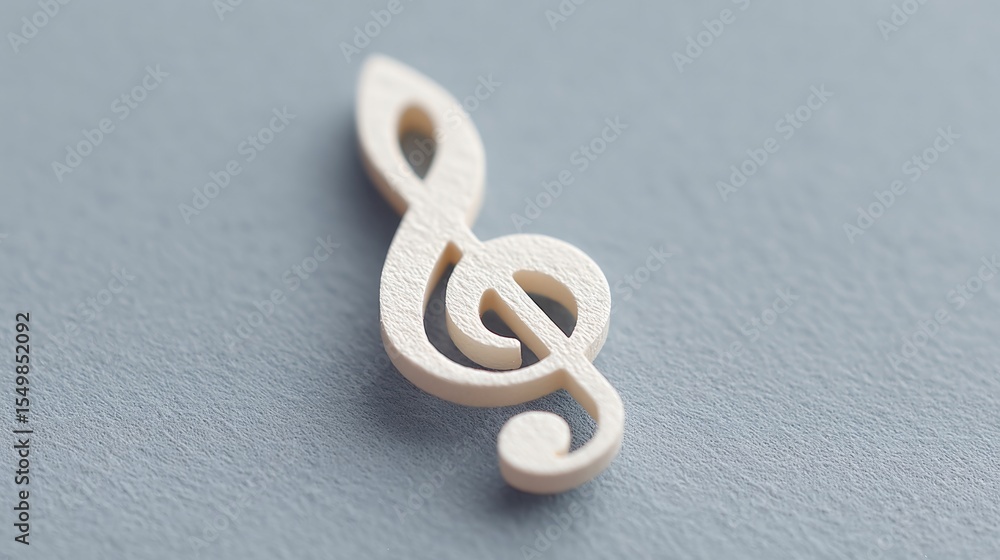 Poster single treble clef on light background creating minimalistic music-themed composition with ample cop