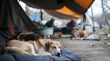 Dogs rest in an encampment of unhoused people as they seek shelter from harsh conditions in the city.