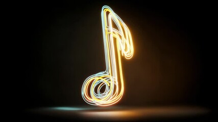 Glowing neon musical note animation in dark space with dynamic light effects