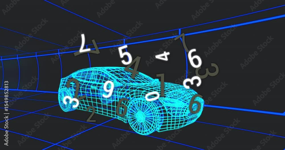 Poster edge digits forming and orbiting neon-blue wireframe car inside grid tunnel showing data flow