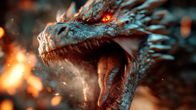 An imposing dragon roaring with fiery intensity, set against a backdrop of molten lava eruptions, illustrating the fierce power and mythical essence of legendary creatures. - Powered by Adobe