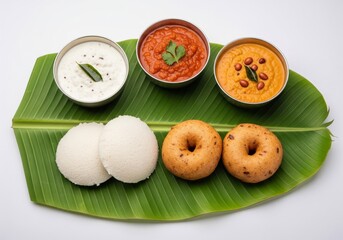 South Indian Breakfast with Idli, Vada and Chutneys on Banana Leaf – Top View