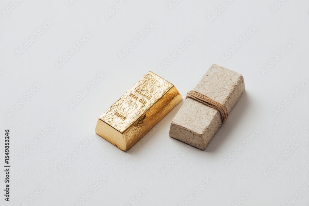 Poster stark contrast between luxurious item and simple handcrafted object on plain background