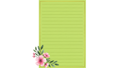 Vertical Blank Lime Green Lined Paper Template with Watercolor Pink Floral Corner Decoration isolated