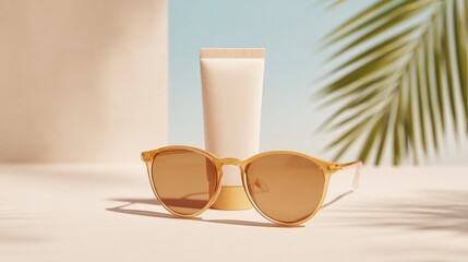 sunny scene featuring pair of sunglasses and sunscreen on clean white surface