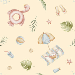 Pattern flamingo pink beach accessories tropical leaves monstera. Seamless watercolor summer print, Illustrations hand drawn yellow background design children's textiles, fabrics, clothes, wallpapers