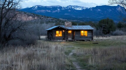 Quiet mountain cabin with warm lights glowing in the windows cinematic cozy retreat