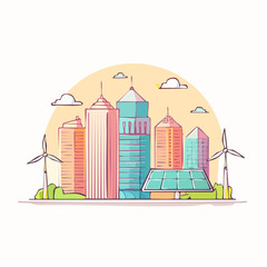Obraz premium Buildings wind turbines and solar panels show a city with clean energy