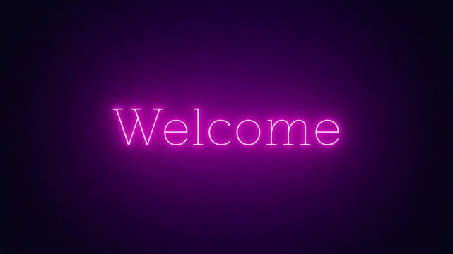 Welcome text word lettering typography pink neon Sign logo video animation, bright glowing element light banner board video in dark black alpha matte background, Positive Affirmations footage
