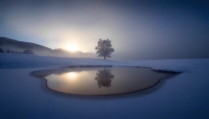 Serene winter sunrise over snow-covered landscape with reflective pond
