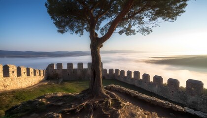 Majestic tree on hilltop overlooking ancient castle at sunrise