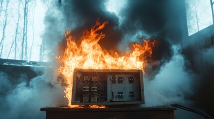 An intense scene of a burning electrical panel igniting high flames surrounded by thick smoke, symbolizing danger and urgency in emergency situations or electrical failures.