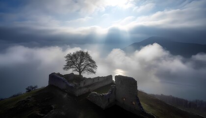 Solitary tree amidst ruined castle and misty mountain landscape at dawn