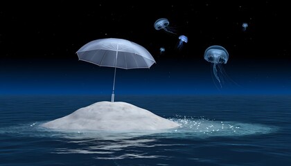 Solitary umbrella on small ocean island with floating jellyfish at night