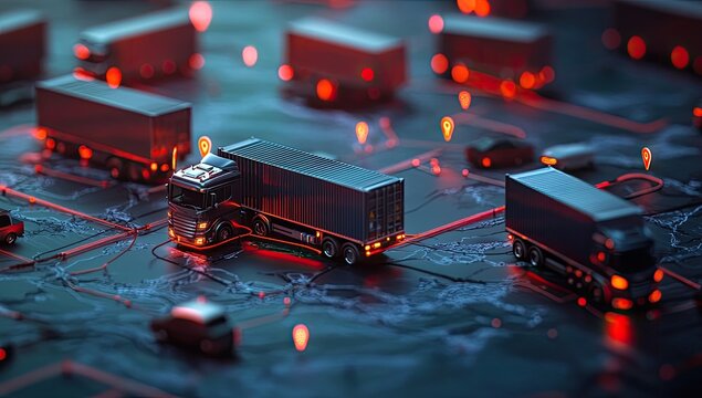 Network of trucks and cars on a map