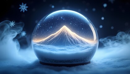 Snow-capped mountain inside enchanting glass globe amidst falling snowflakes