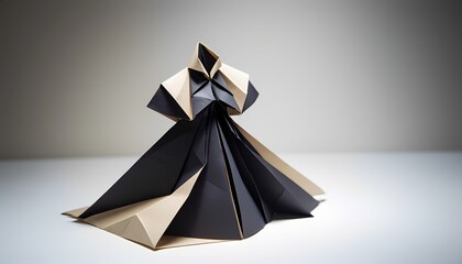 Elegant origami dress sculpture made of black and beige paper on display