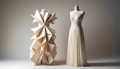 Abstract geometric and elegant draped gowns on mannequins in studio lighting