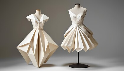 Elegant origami-style dresses on mannequins showcasing unique fashion design