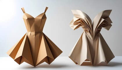 Two origami paper dresses with geometric designs on display table