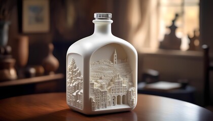 Intricate carvings on ceramic bottle showcasing scenic urban architecture