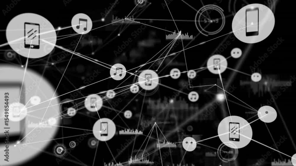 Poster starting dark digital backdrop phone music chat icons fading linking and rotating showing data flow