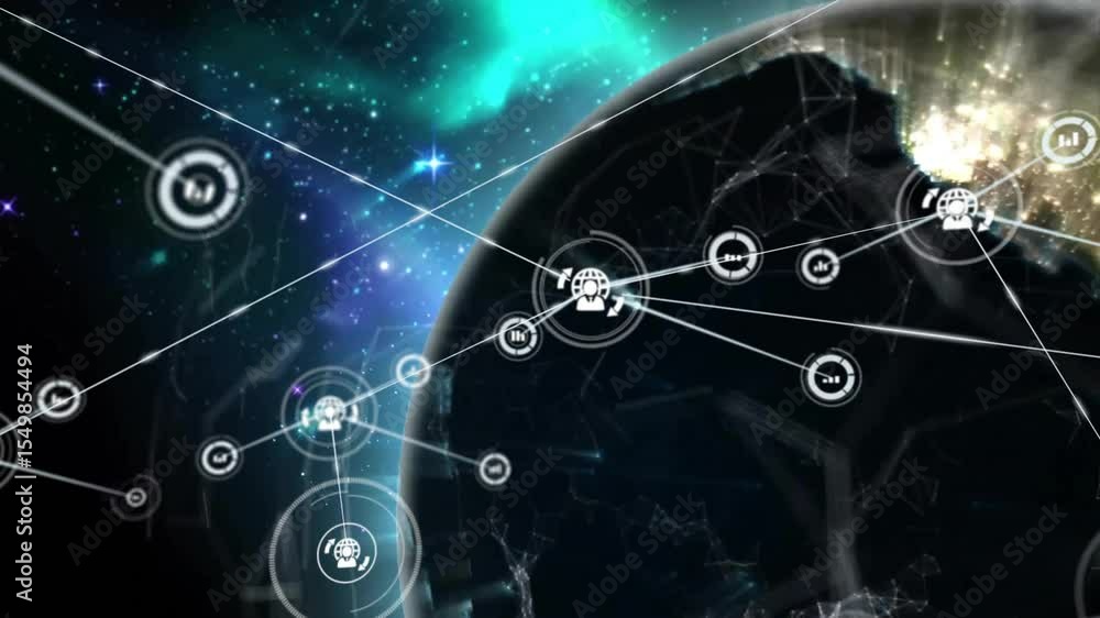 Poster opening shot showing digital earth, node shooting lines and lights pulsing forming data network