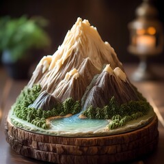 Detailed mountain-shaped cake with trees and river on wooden base