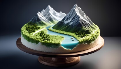 Realistic mountain landscape cake with river and snowy peaks on wooden stand