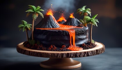 Volcanic-themed cake with erupting lava and palm tree decorations