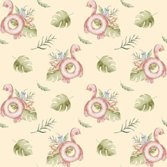 Watercolor pattern flamingo pink inflatable circle tropical leaves. Seamless summer print. Illustrations hand drawn design children's textiles fabrics yellow background clothes wallpapers