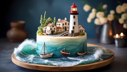 Detailed lighthouse cake with miniature boats and waves on wooden tray