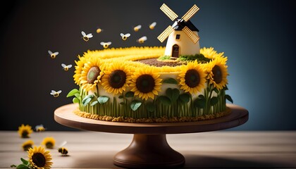 Creative cake design with sunflowers, windmill, and bees on wooden stand