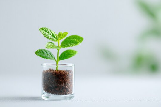 young sapling in transparent glass container filled with soil symbolizes growth against soft white background