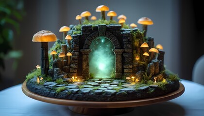Enchanted portal cake with glowing mushrooms in mystical forest setting
