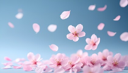 Delicate pink cherry blossoms falling gracefully against clear blue sky