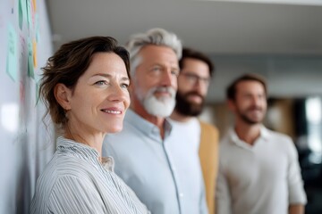a multi aged leadership team standing beside a whiteboard of ideas