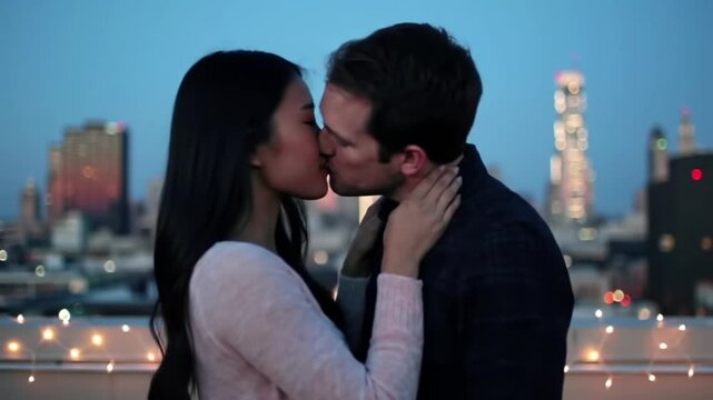 Romantic Couple Kissing on Rooftop with City Skyline at Dusk A Stunning Video Clip. International Kiss Day. Kiss Day, 4k video, HD video.