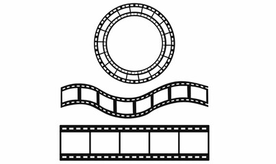 Fototapeta premium Set of black film strip icons. round reel frame, wavy tape, and straight filmstrip. Ideal for cinema, video editing, retro media, or filmmaking related designs and icons.
