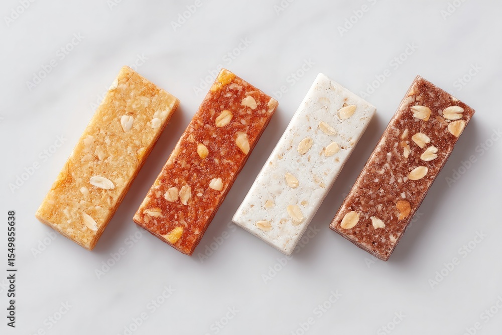 Poster array of minimalistic energy bars placed symmetrically on clean white surface to highlight health-co