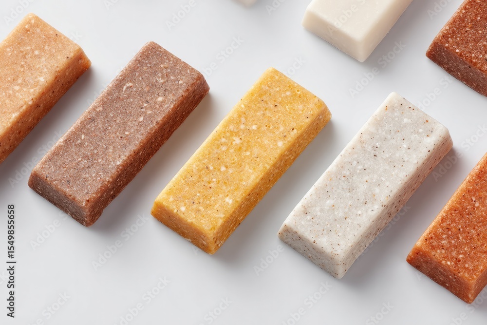 Poster array of minimalistic energy bars placed symmetrically on clean white surface to highlight health-co