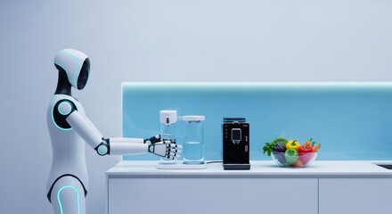 Futuristic household robot serving water in modern kitchen. Smart home appliance for daily living assistance. Artificial intelligence concept.