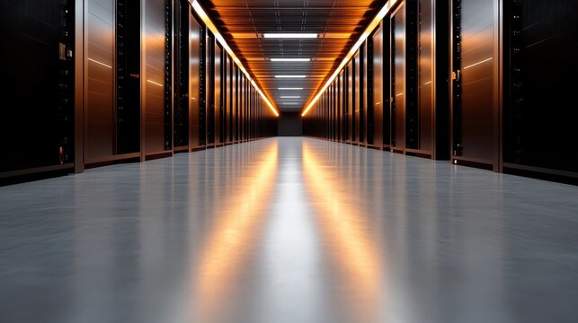 A sleek and modern data center view, showcasing rows of powerful servers illuminated by overhead lights, emphasizing the technological advancement and efficiency.