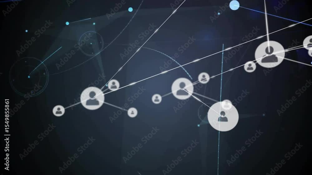 Poster when small glowing node entering view user icon network growing pulsing around flare showing links